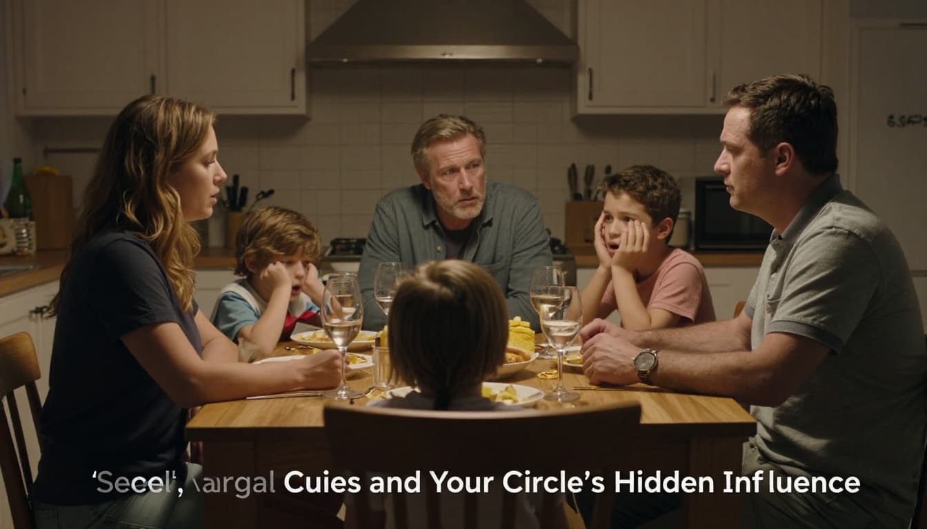 Family of four at dinner table during minor argument; parents demonstrate calm discussion while kids mimic panicked reaction in warm kitchen evening light with cinematic style, strong contrast, depth, and dramatic lighting.