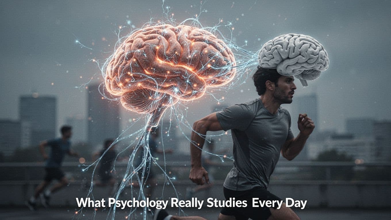 A human brain glowing with neural connections merging into observable human behaviors, set against a soft-focus neutral background in cinematic style with dramatic lighting.