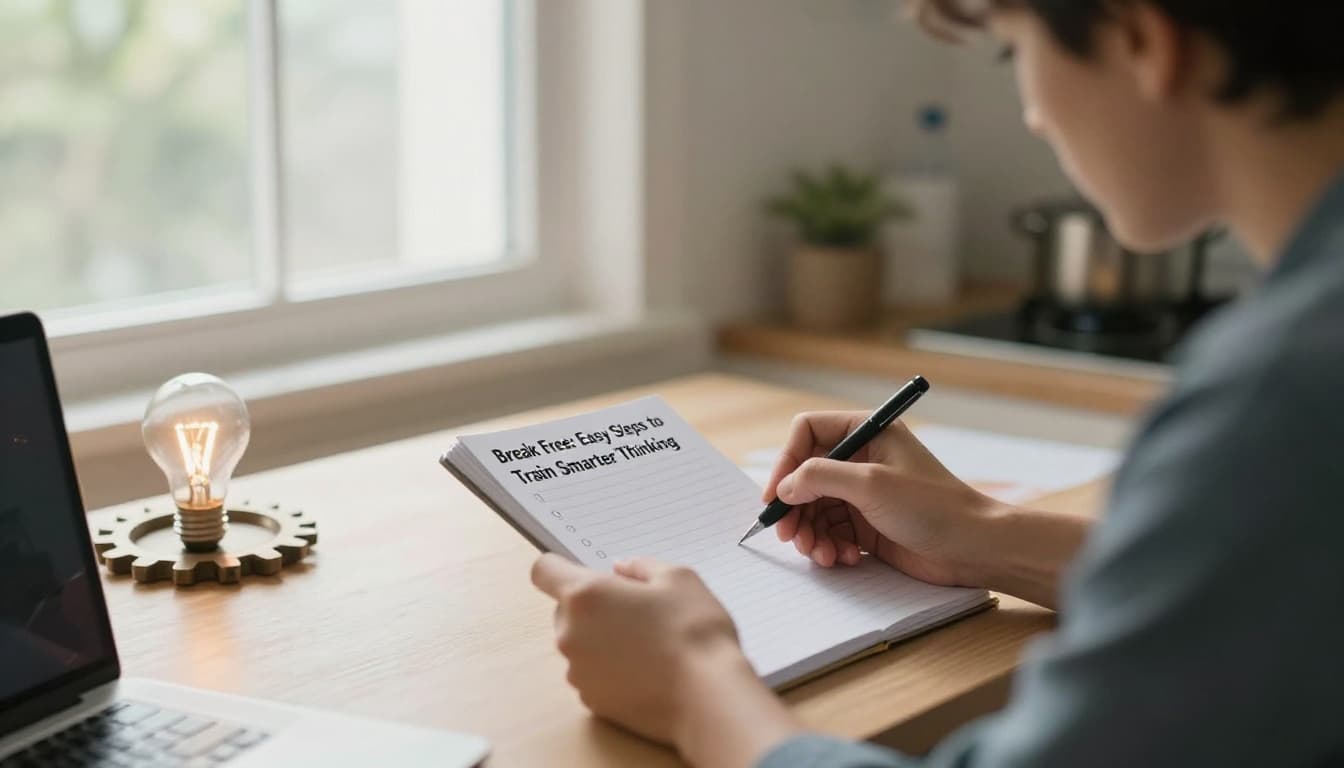 A single person sits at a sunny kitchen table, relaxedly writing in a notebook and checking off a checklist adorned with light bulbs and gears symbolizing smarter thinking habits, captured in a cinematic medium shot with dramatic natural window lighting.