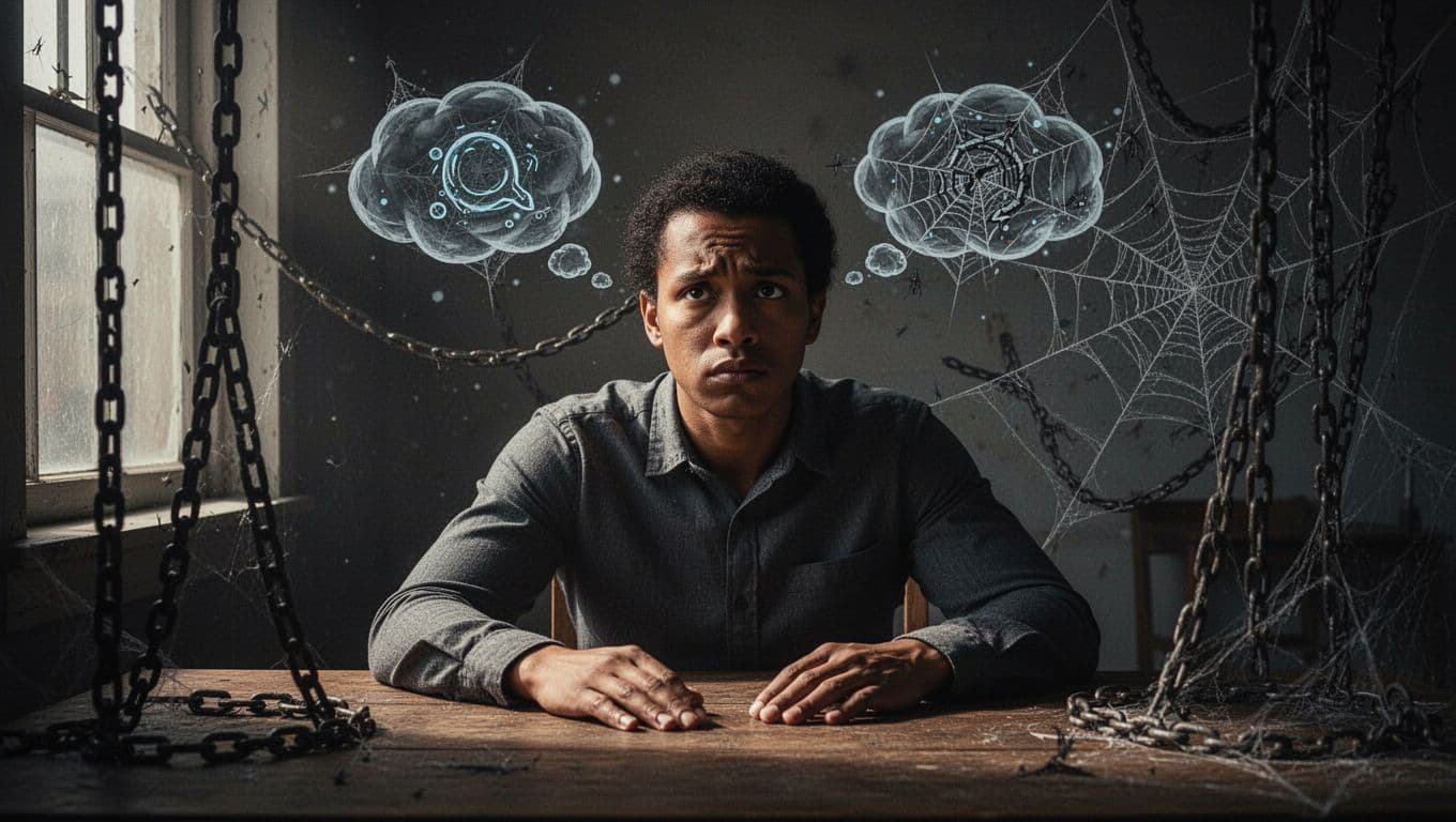 A single person sits at a wooden desk in a dimly lit room, deeply pondering a decision as subtle shadowy traps like chains and webs encircle thought bubbles symbolizing biases, captured in a close-up cinematic style with dramatic side lighting.